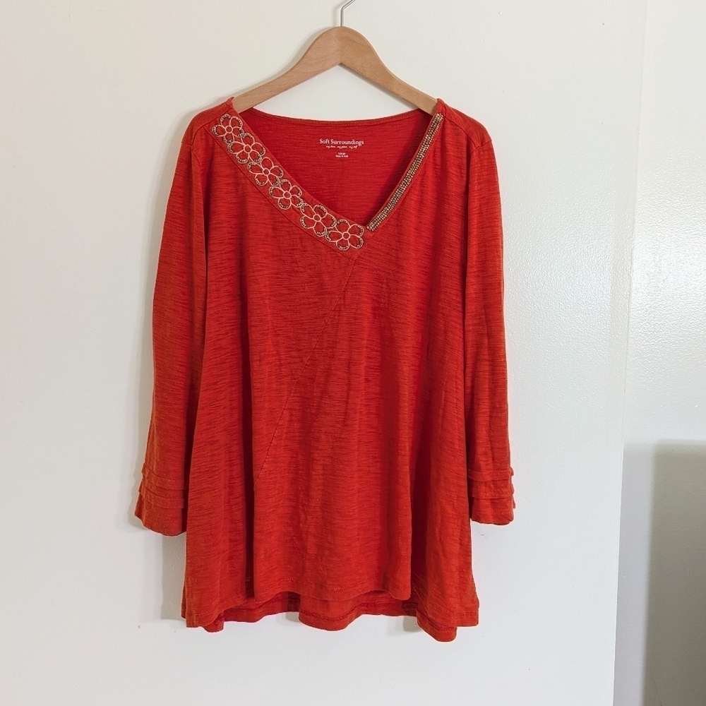 Soft Surroundings Burnt Orange Embroidered Beads Tunic Top Size L